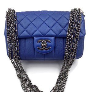 Authentic CHANEL CC Calfskin Blue Mini Flap Shoulder Bag/Ruthenium Hardware